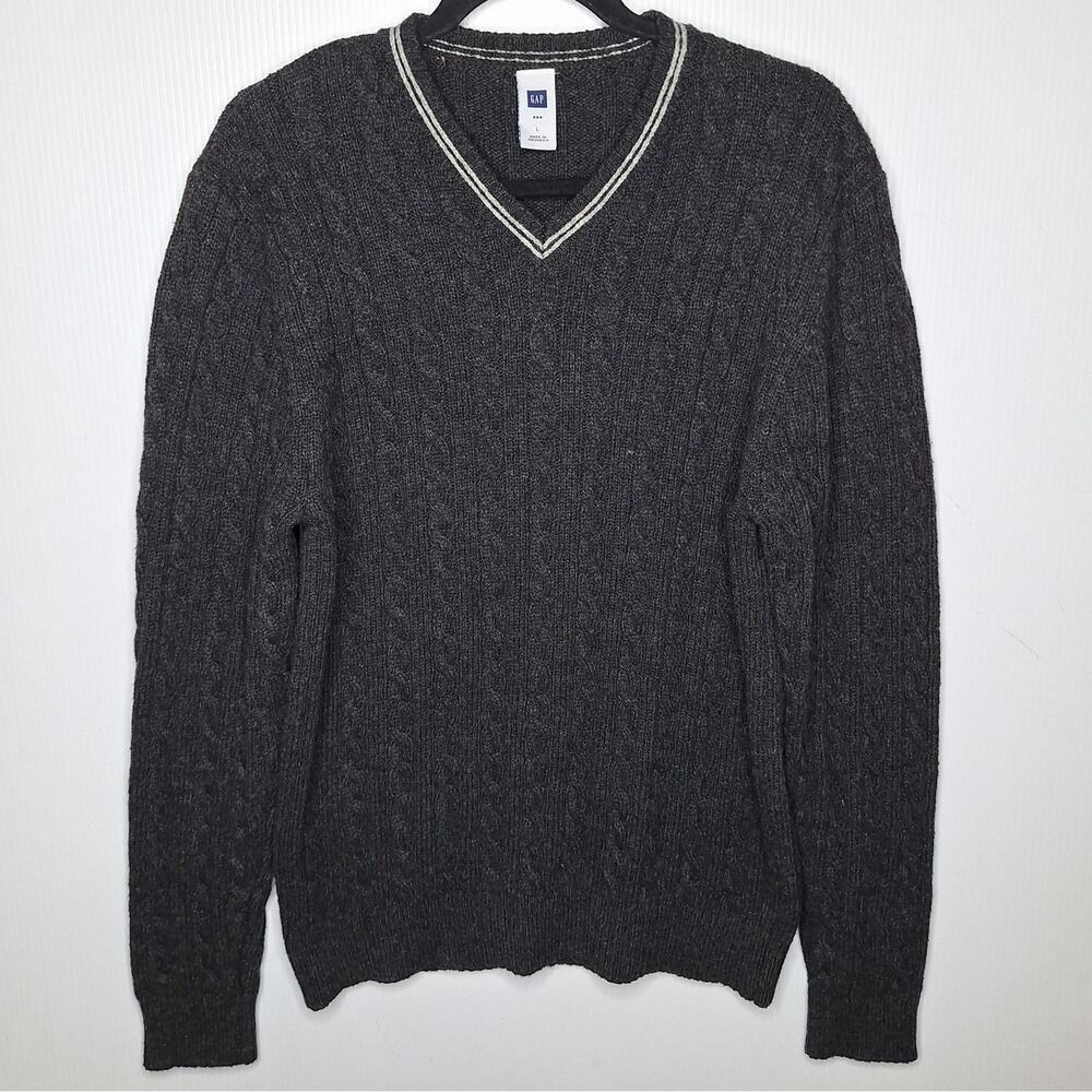 VTG GAP Cable Knit Sweater Mens Large Gray V Neck Cricket Tennis Y2K Preppy Ivy